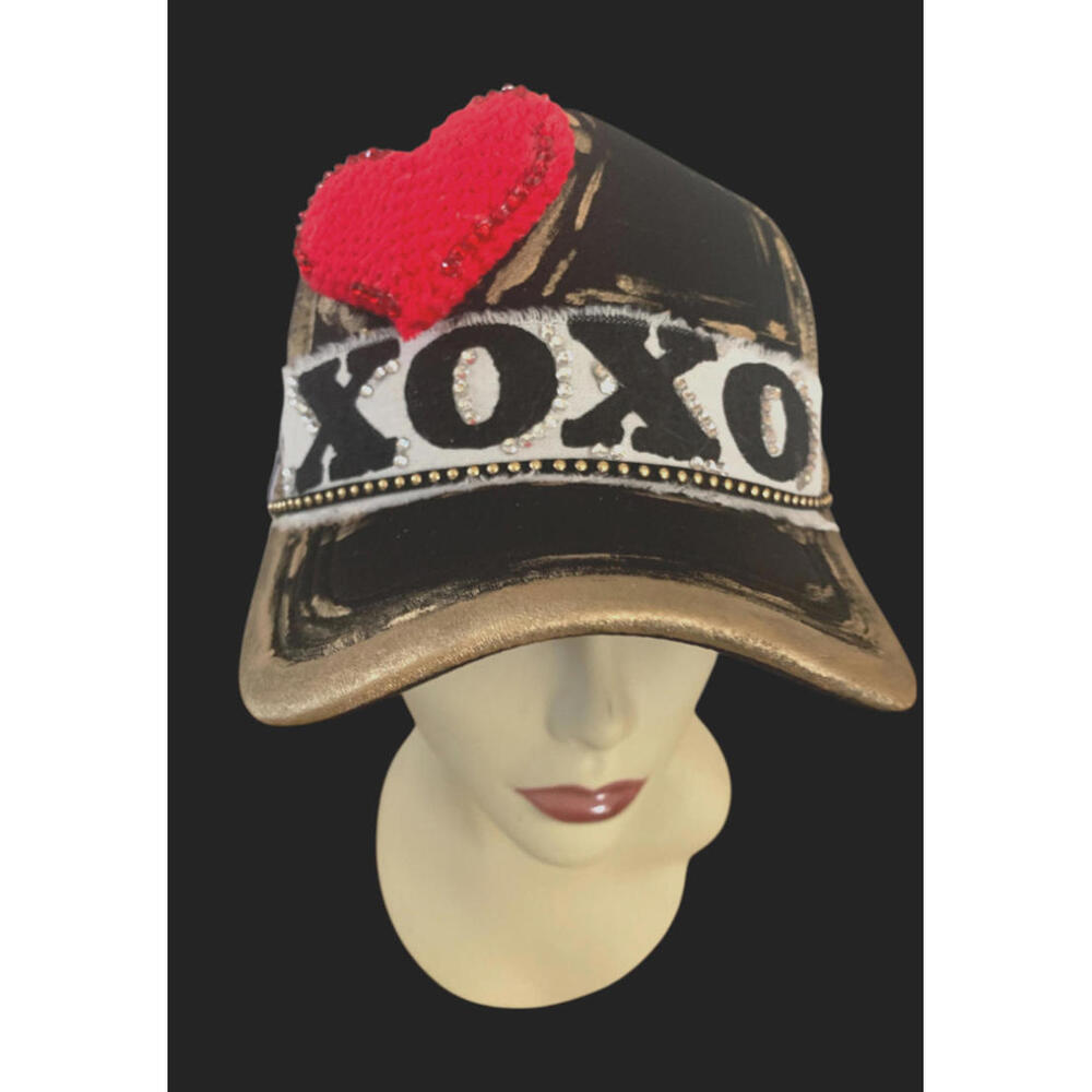 Valentine's Day Truckers Cap Hat Hand Decorated Red White Gold [COPY]